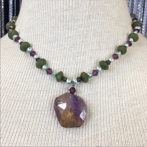 Artisan Fluorite, Pearl and Jade Sterling Necklace - Picture 2 of 8